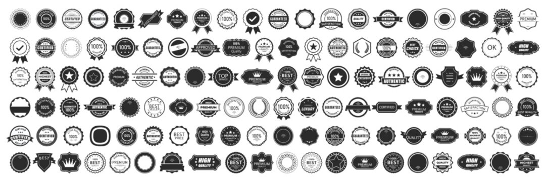 Big set of black premium quality badges. Premium quality, guaranteed, certified sticker tag collection