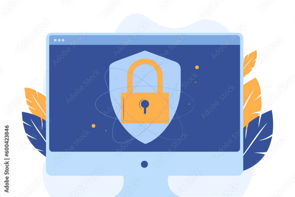 Poster Computer monitor with security system with shield in a flat design
