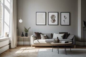 Obraz na płótnie Canvas Minimalist, modern living room with empty frame on gray wall for art display as part of home staging. Clean edges. Generative AI