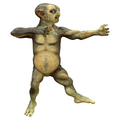 3D Rendering Green Alien on White