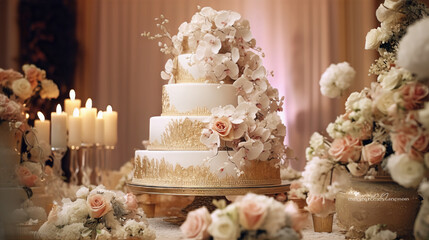 white flower wedding cake with candles and flowers in the background