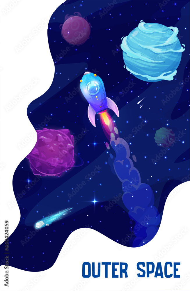 Poster Space landing page. Cartoon rocket spaceship in galaxy with vector icy and rocky planets, fire asteroids and comets on starry sky background. Website layout of business company and outer space project