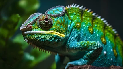 Rolgordijnen Green chameleon close up. Generative AI © PINKMAN