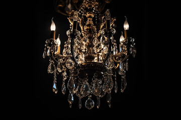 Glamorous Chandelier On Black Background. Generative AI