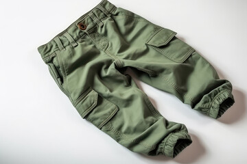 Green Cargo Pants For Boy On White Background. Generative AI