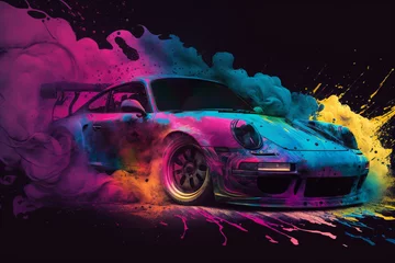 Poster Drifting car on dark black background with multi color blue, pink, orange, green, yellow smoke . Car in the smoke. Supercar in motion. Sports car drifting in color smoke. Supercar in fog. Ai © Dijay