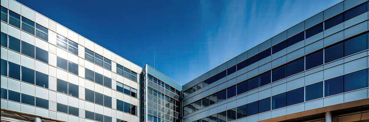 Fototapeta na wymiar Hospital Building Facade, Entrance Sign, Clear Blue Sky. Panorama Banner. Generative AI