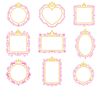 Princess frames and mirrors with crown. Wedding or birthday holiday, kids party invitation card round, square and rectangle floral victorian or doodle outline frames with quin crown or princes tiara
