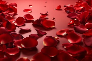 Red rose petals fall on a Valentine background. Generative AI