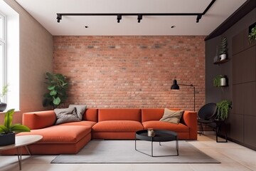 interior luxury design pillow brick carpet empty three-dimensional sofa simple floor. Generative AI.