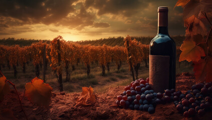 Vineyard Elegance. Rustic wooden table adorned with a bottle of red wine and grapes, capturing the essence of the vineyard at sunset. Copy space. Wine tasting AI Generative