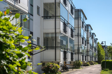 Balconies of modern apartment buildings in Swedish suburbs, Hisingen Gothenburg.