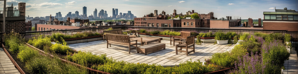 Obraz premium Hospital Rooftop Garden, Seating Areas, City Skyline View. Panorama Banner. Generative AI