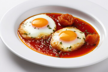 Huevos Rotos On White Plate, On White Background. Spanish Dish. Generative AI