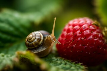 Small snail in shell eats red fresh raw juicy delicious strawberry. Berry in the park. Leaves in green forest. Life of animals. Realistic macro photo created by artificial intelligence. Generative AI