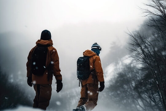 Snowboarders On The Mountain, Fresh Powder Snow. Generative AI