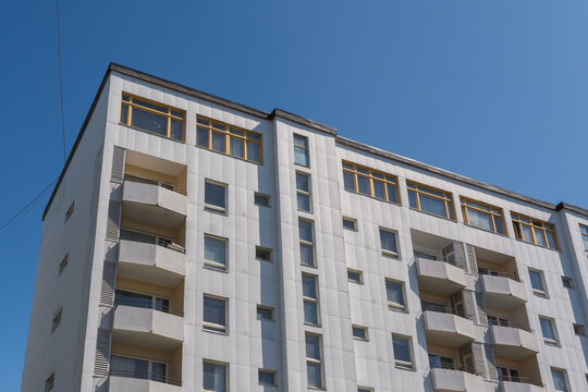 Facade of a modern apartment building complex in Swedish suburbs Hisingen in northern Gothenburg.