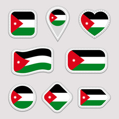 Jordan flag vector set. Jordanian stickers collection. Isolated geometric icons. State national flags symbols badges. Web, sport page, patriotic, travel design elements. Different shapes.