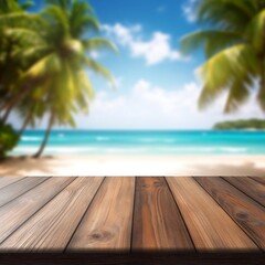 Tropical Beach View on Wooden Table for Product Display. Generative AI