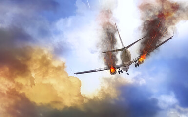 White plane with engine on fire over blue sky background (3D illustration)