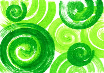 Twisted spiral strokes of dark green and light green acrylic paint on white paper. Hand painted horizontal artistic backdground with place for text. Spring or summer mood concept.