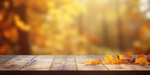 Naklejka na ściany i meble autumn leaves on wooden table with generative ai