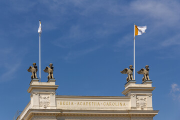 Four sphinxes mounted on the roof of the historic university building in Lund Sweden