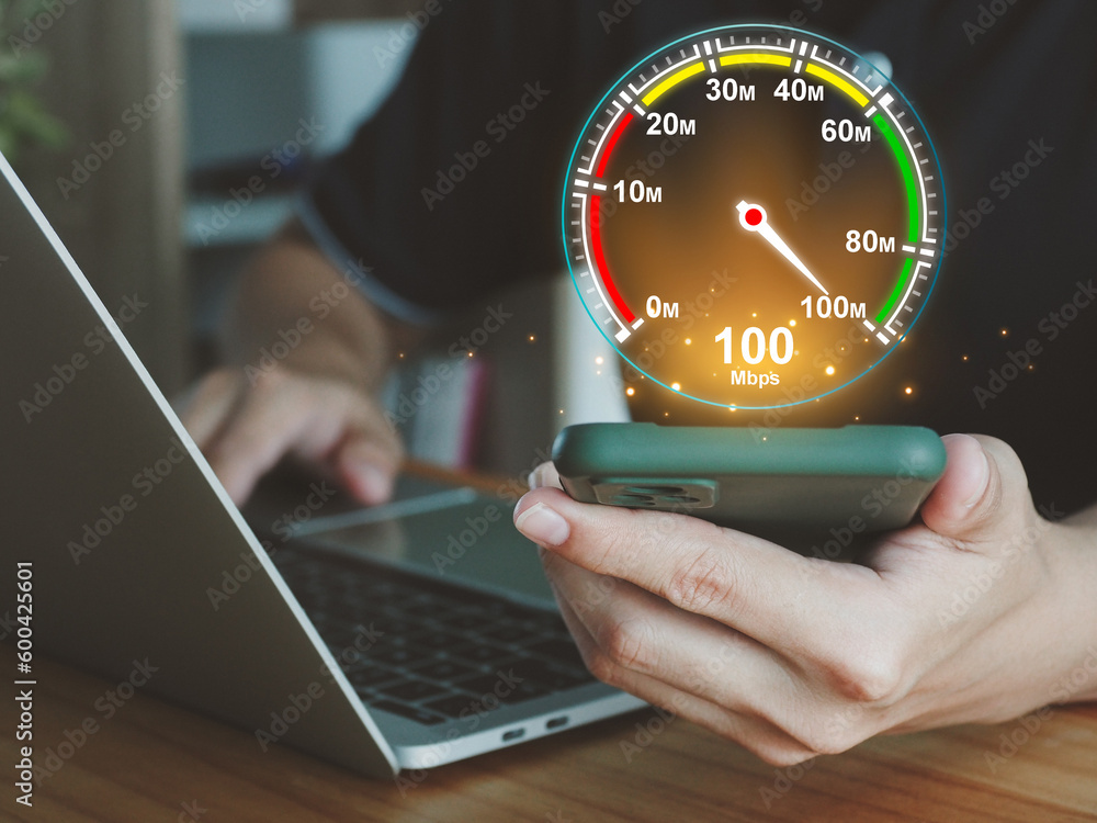 Poster fast internet connection with high speed internet speed test on your smartphone or laptop. 5g high s