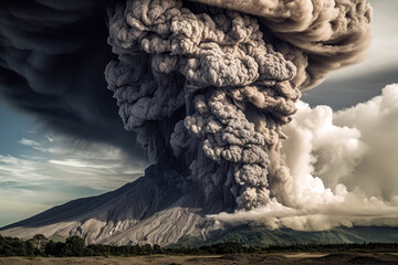 Volcanos Peak Erupting, Ash And Gas Billowing. Generative AI