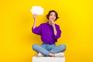 Full body photo of attractive young woman hold paper cloud dressed stylish purple smart casual...