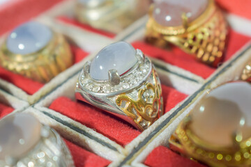 close up agate ring with decorative housing