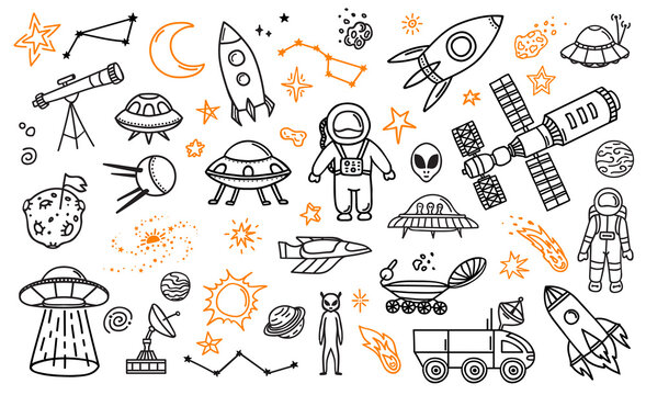 Doodle space planets, astronauts, spaceship, comets and asteroids. Cosmos research, space flight or adventure line vector pictograms. Galaxy discovery background with spacesuit, alien UFO and rover