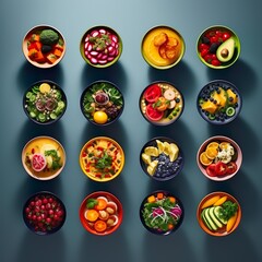 Bowls with colorful, healthy food