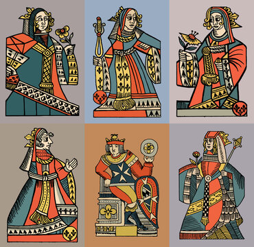Set of vector illustrations in the style of a vintage woman.