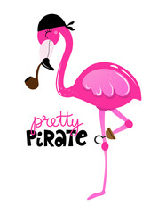 Pretty pirate - Cute Flamingo sailor print design, funny hand drawn doodle, cartoon bird. Good for Poster or t-shirt textile graphic design. Vector hand drawn illustration.