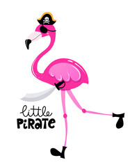Little pirate - Cute Flamingo sailor print design, funny hand drawn doodle, cartoon bird. Good for Poster or t-shirt textile graphic design. Vector hand drawn illustration.