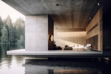 Beautiful modern house  architecture with concrete and wood walls, water around, in the middle of nature. Generative Ai