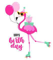 Happy Birthday - funny hand drawn doodle, cartoon flamingo. Good for Poster or t-shirt textile graphic design. Vector hand drawn illustration. Flamingo Birthday Party.