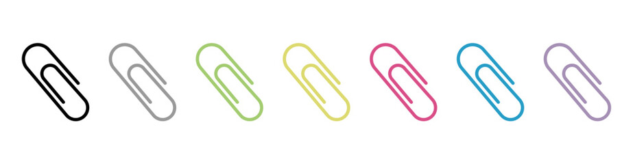 Paper clip icons vector set.  Attached paper clip.  
Colorful paper clip icons.  Flat design.  