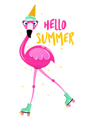 Hello Summer - Motivational quote. Hand painted brush lettering with flamingo with ice cream on her head. Good for t-shirt, posters, textiles, gifts, travel sets.