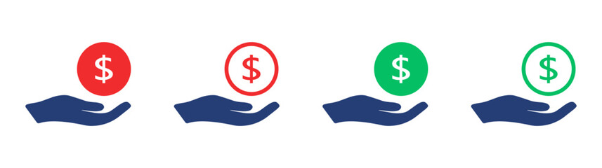 Hand with dollar icon. Giving money icon. Get money symbol. Vector isolated illustration. 
