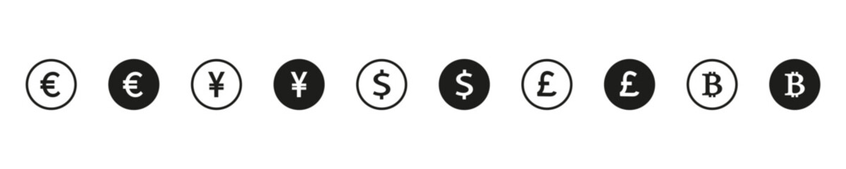 Obraz premium International currency vector icons. Currency symbols. Euro, dollar, Pound, Yuan, Bitcoin. Mony icons. Finance, business currency exchange. EPS 10