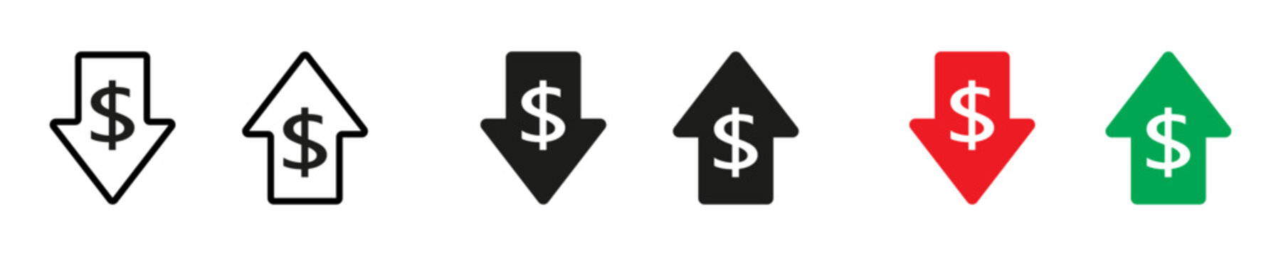 Increase, decrease dollar vector icons.  Losing money. Sign rise and fall of the dollar vector desing. EPS 10