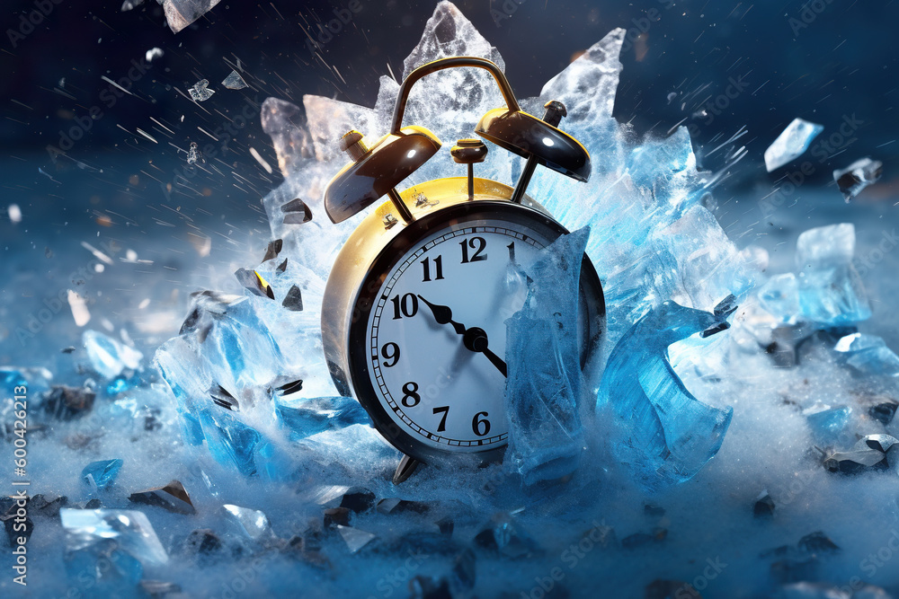 Poster an alarm clock sitting on top of a pile of ice. generative ai.