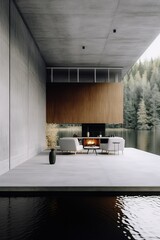 Beautiful modern house  architecture with concrete and wood walls, water around, in the middle of nature. Generative Ai