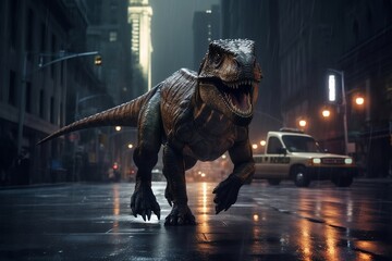 Dinosaur in city in evening lights. Raptor on wet street of metropolis after rain. Fear and horror. Rescue car. Monster in town. Realistic photo created by artificial intelligence. Generative AI