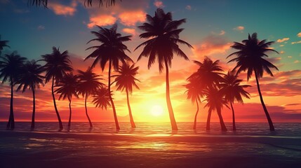 Fototapeta na wymiar Sunset on the beach, palm tree silhouettes, - Generative Ai