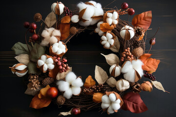 Obraz premium Cotton Wreath With Fall Foliage, In The Style Of Seasonal Decor And Autumn Charm. Generative AI