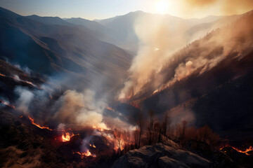 Fototapeta na wymiar Dry, Mountainous Area With Smoke And Flames. Generative AI