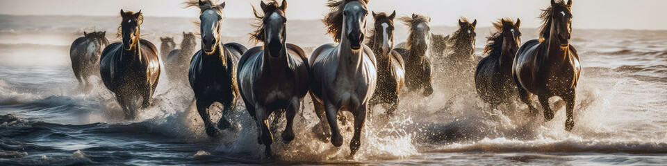 Herd Of Horses Running Along The Sea. Panoramic Banner. Generative AI